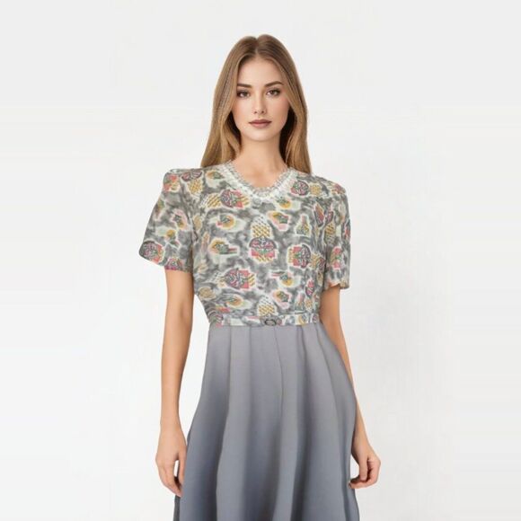 60s 70s Gray Print Dress Short Sleeve Polyester Vintage L 41 Bust - Picture 8 of 8